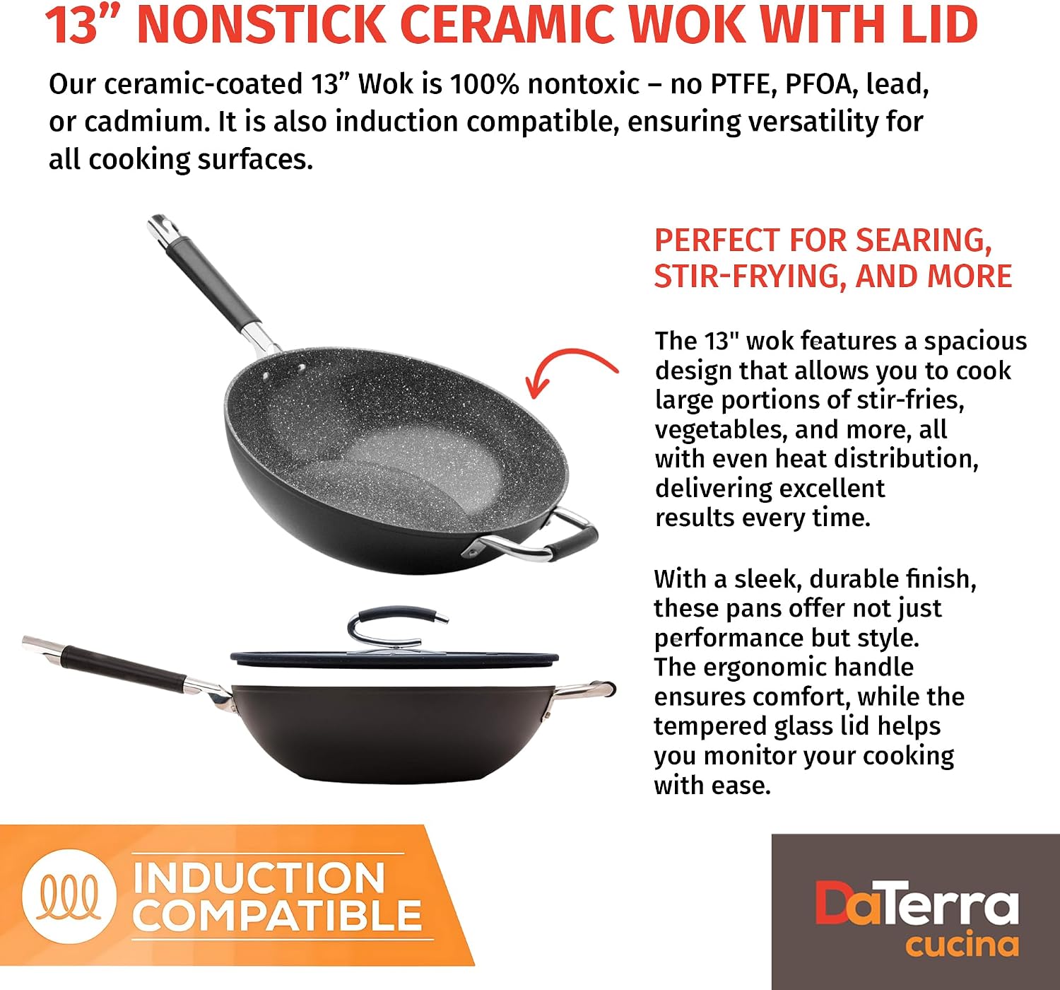DaTerra Cucina - 13' Nonstick Ceramic Wok with Lid - Made in Italy - High Heat Resistant Nonstick Cookware - Oven & Induction Safe, PTFE, Cadmium, Lead & PFOA free - Volcanic Black Speckled