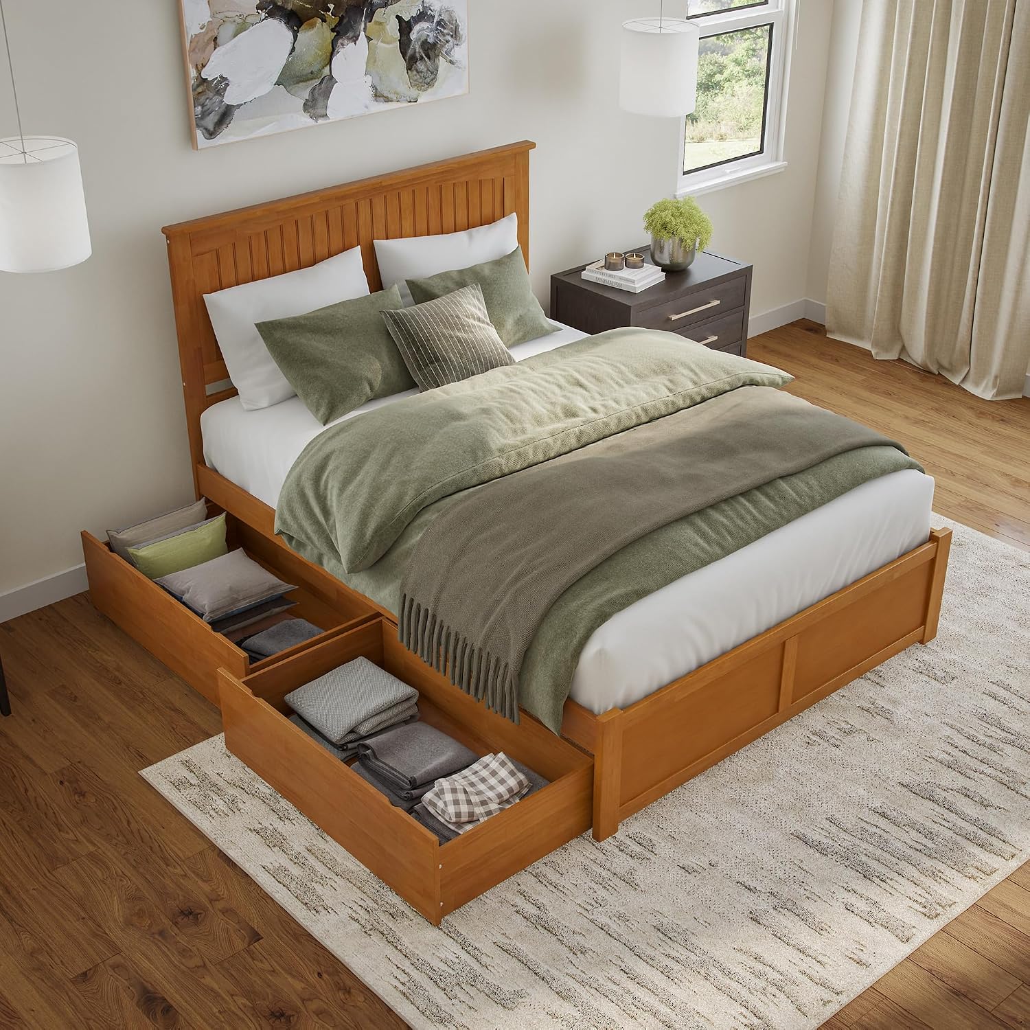 AFI, Nantucket Queen Platform Bed with Footboard & Storage Drawers, Light Toffee