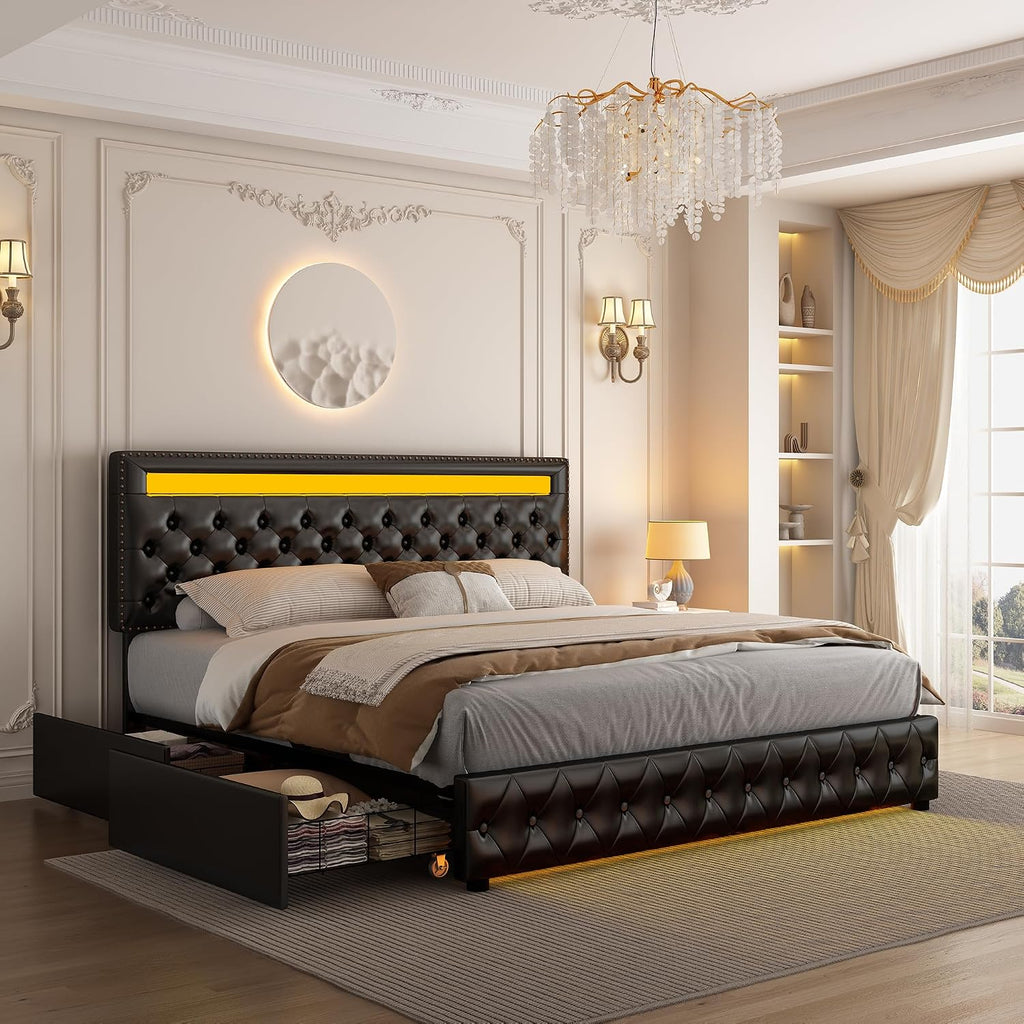 GEGOFORU King Led Bed Frame with 4 Storage Drawers, with Smart Control RGBW LED Lights Headboard Footboard, Control DIY Color, Box Spring Optional, PU Black