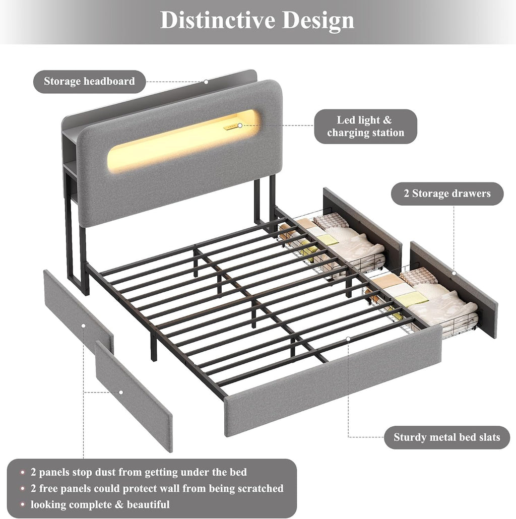 HOSTACK Twin LED Bed Frame with Storage Headboard and Charging Station, Boys Bed Frame with 2 Drawers and USB Ports, Velvet Upholstered Platform Bed Frame with Bookcase, No Box Spring Needed, Grey
