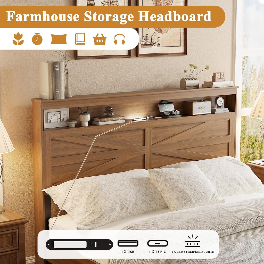 Farmhouse Wooden Bed Frame Queen Size with Storage Headboard, Boho Platform Bedframe with LED Lights and Charging Station, Metal Slats Support, No Box Spring Needed, Deep Brown