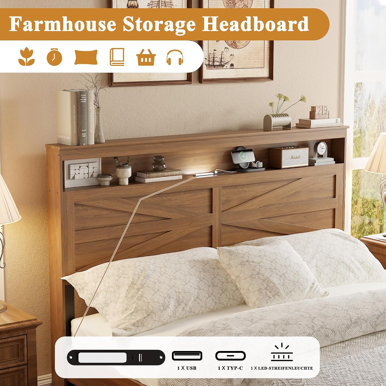 Farmhouse Wooden Bed Frame Queen Size with Storage Headboard, Boho Platform Bedframe with LED Lights and Charging Station, Metal Slats Support, No Box Spring Needed, Deep Brown