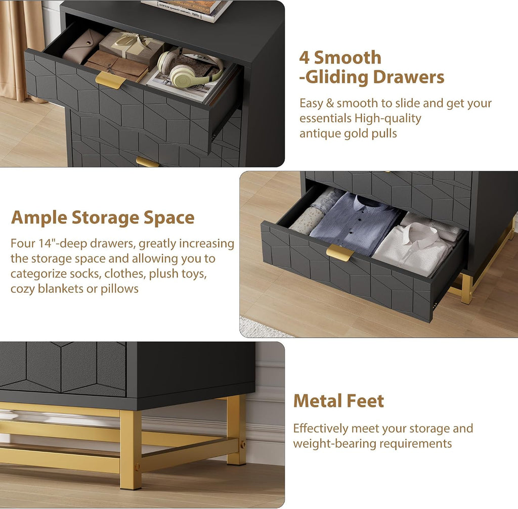 GAOMON Black Dresser, 4 Drawer Dresser for Bedroom, Wood Chest of Drawers, Modern Dressers with Gold Metal Handles for Living Room, Hallway, Entryway