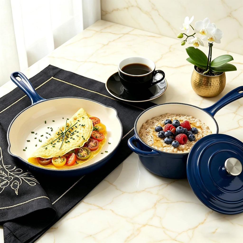QuliMetal Enameled Cast Iron Cookware Set, 4-Piece Pots and Pans Set with Lids, 10.25' Skillet, 2QT Saucepan, 2.8QT & 4.8QT Dutch Ovens, Oven Safe to 500°F, All Stovetops Compatible - Navy Blue