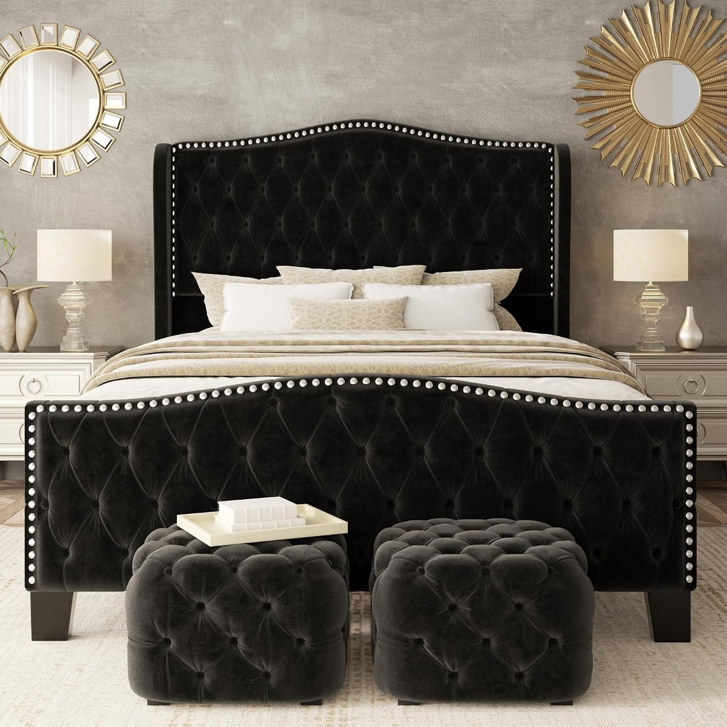 Queen Size Bed Frame with Tall Headboard Upholstered Bed Frame King Platform Bed Luxury Wingback Headback No Box Spring Needed, Mattress Foundation, Easy Assembly-Black