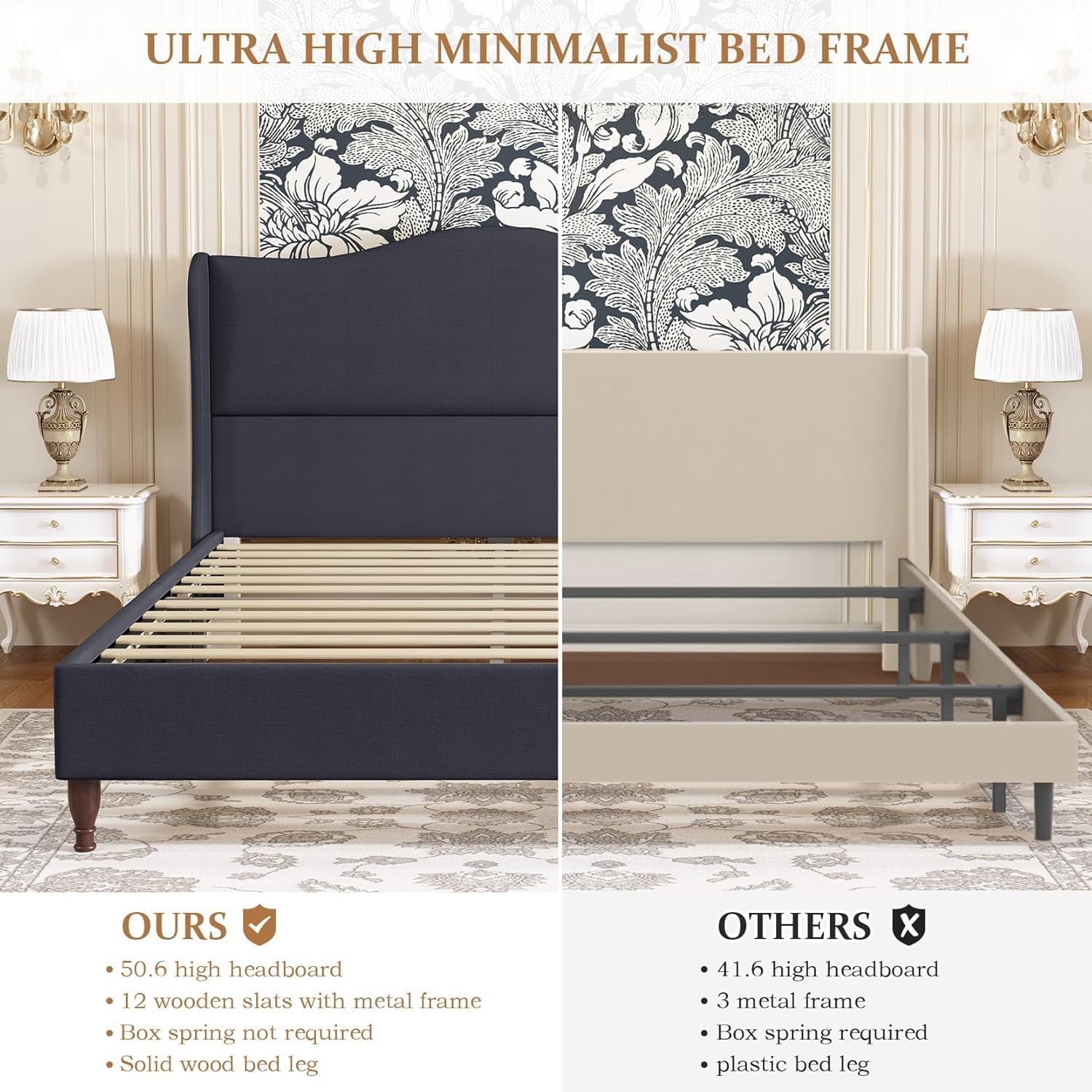 koorlian Full Size Bed Frame Upholstered Platform Bed with 51'' Tall Fabric Headboard and Wooden Slats Support, Retro Minimalist Style/Fully Upholstered/Easy Assembly, Dark Navy