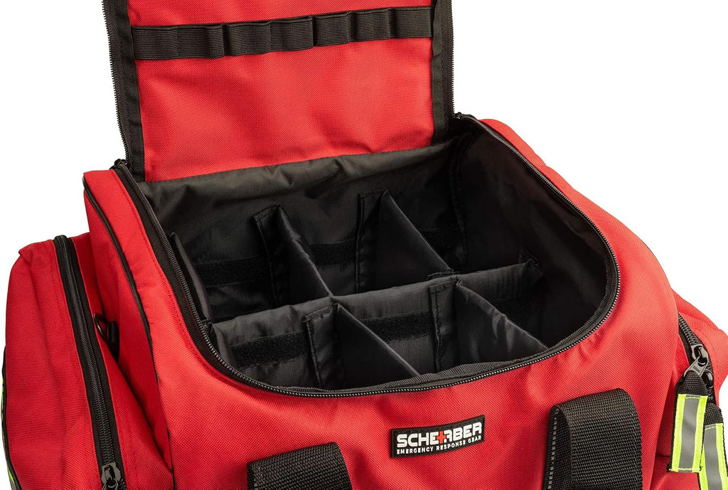 Scherber Fully-Stocked First Responder Bag | Professional EMT/EMS Trauma & Bleeding Medical Kit | HSA/FSA Approved | CAT Tourniquet, HyFin Chest Seal, Israeli Bandage & 250+ First Aid Supplies (Red)
