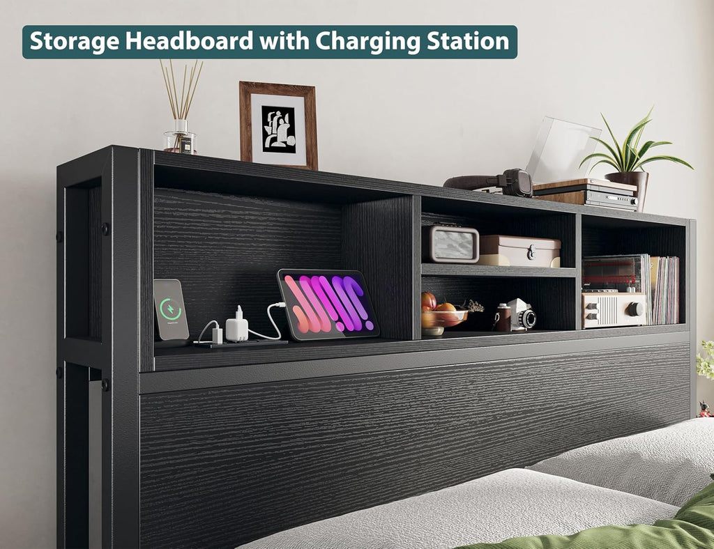 EnHomee Full Size Bed Frame with 6 Storage Drawers, Headboard & Charging Station, Noise-Free Metal Platform Bed, No Box Spring Needed,Black