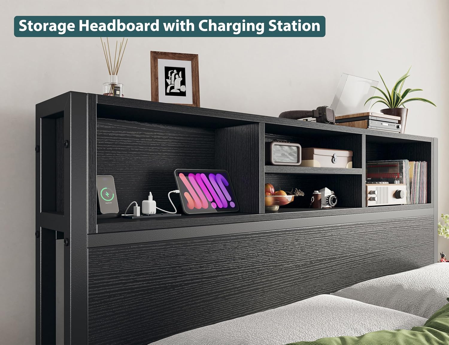 EnHomee Full Size Bed Frame with 6 Storage Drawers, Headboard & Charging Station, Noise-Free Metal Platform Bed, No Box Spring Needed,Black