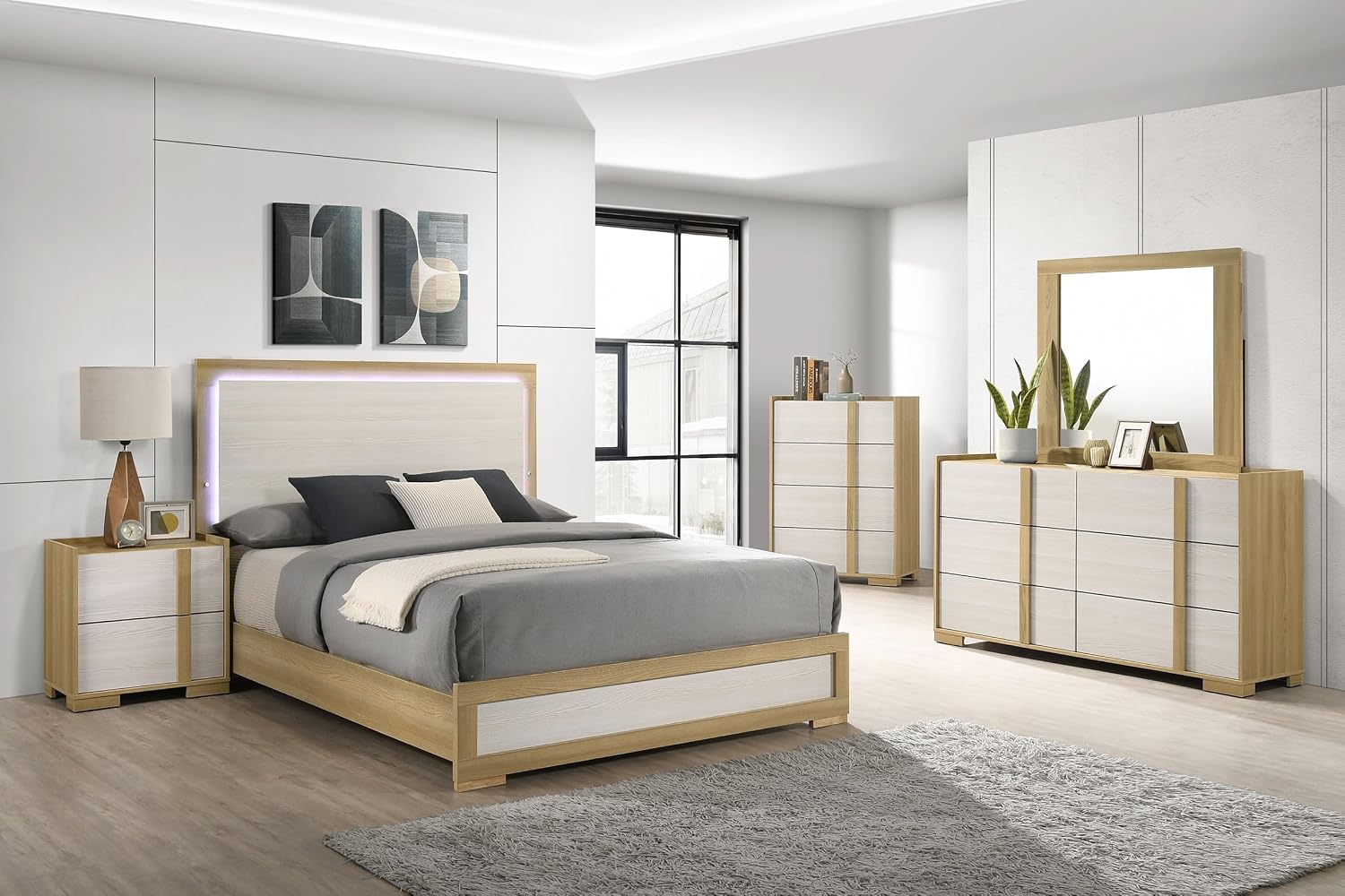 Coaster Home Furnishings Hyland Coastal 5-Piece Bedroom Set Upholstered Eastern King Size LED Panel Bed Frame 52-inch Headboard Natural 215651KE-S5