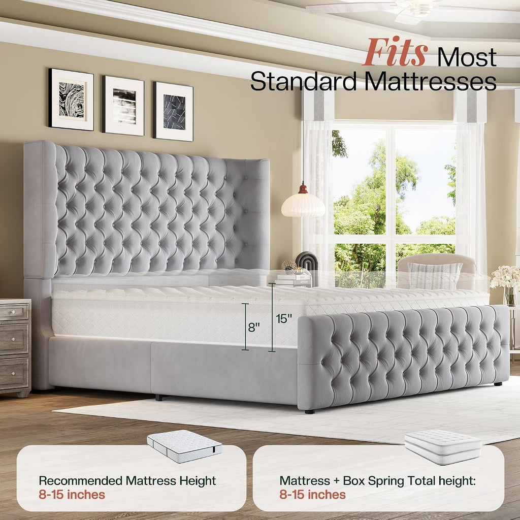 Jocisland California King Size Platform Bed Frame, 6.3' Thick Upholstered Curved Wingback Headboard and Footboard with Deep Button Tufted, No Box Spring Needed, Easy Assembly, Light Grey Velvet