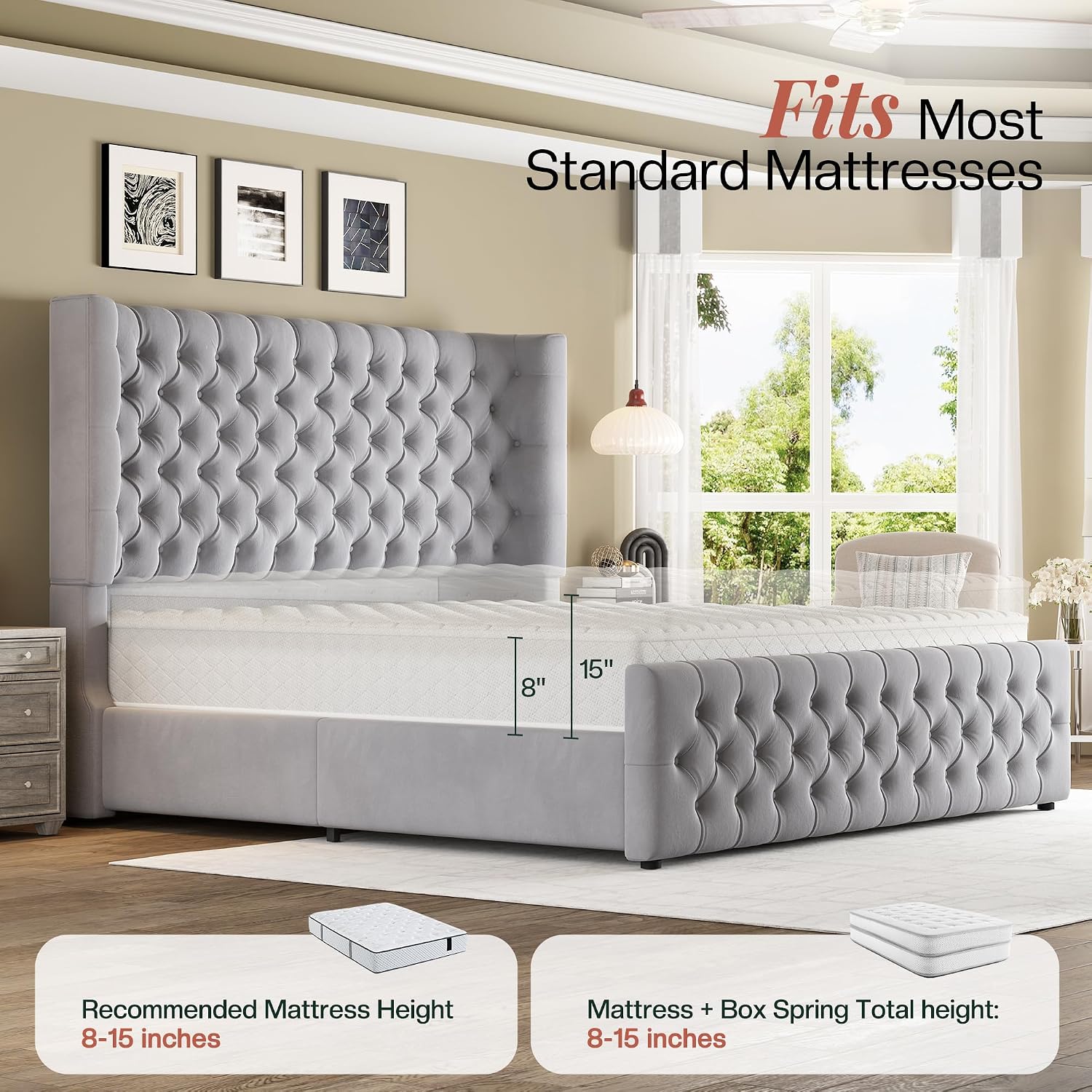 Jocisland California King Size Platform Bed Frame, 6.3' Thick Upholstered Curved Wingback Headboard and Footboard with Deep Button Tufted, No Box Spring Needed, Easy Assembly, Light Grey Velvet