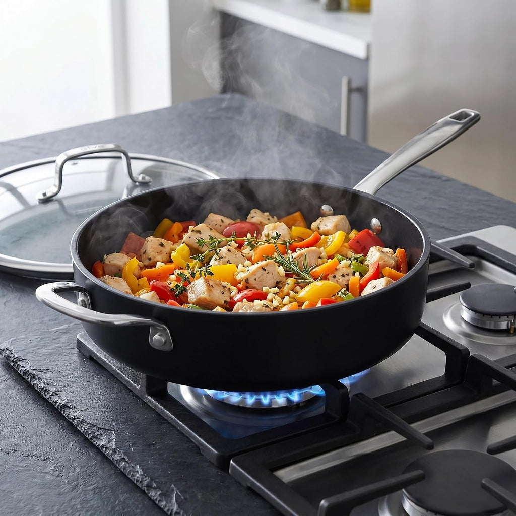 Alva Maestro 4QT Ceramic Nonstick Sauté Pan with Lid – Made With No PTFE, PFOA, PFAS, Oven & Induction Safe to 400°F – Easy Clean, Deep Sauté Pan for Family Meals, Braising & One-Pot Cooking
