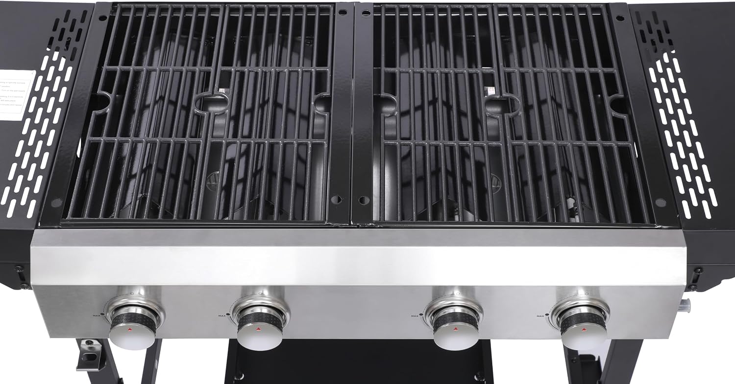 2+2-Burner Propane Gas BBQ Grill, 38200BTU Powerful Outdoor Grill with Stainless Steel Plancha & Side Tables, Portable Foldable Design for Backyard, Camping, Tailgating and Patio Barbecue (56 IN)