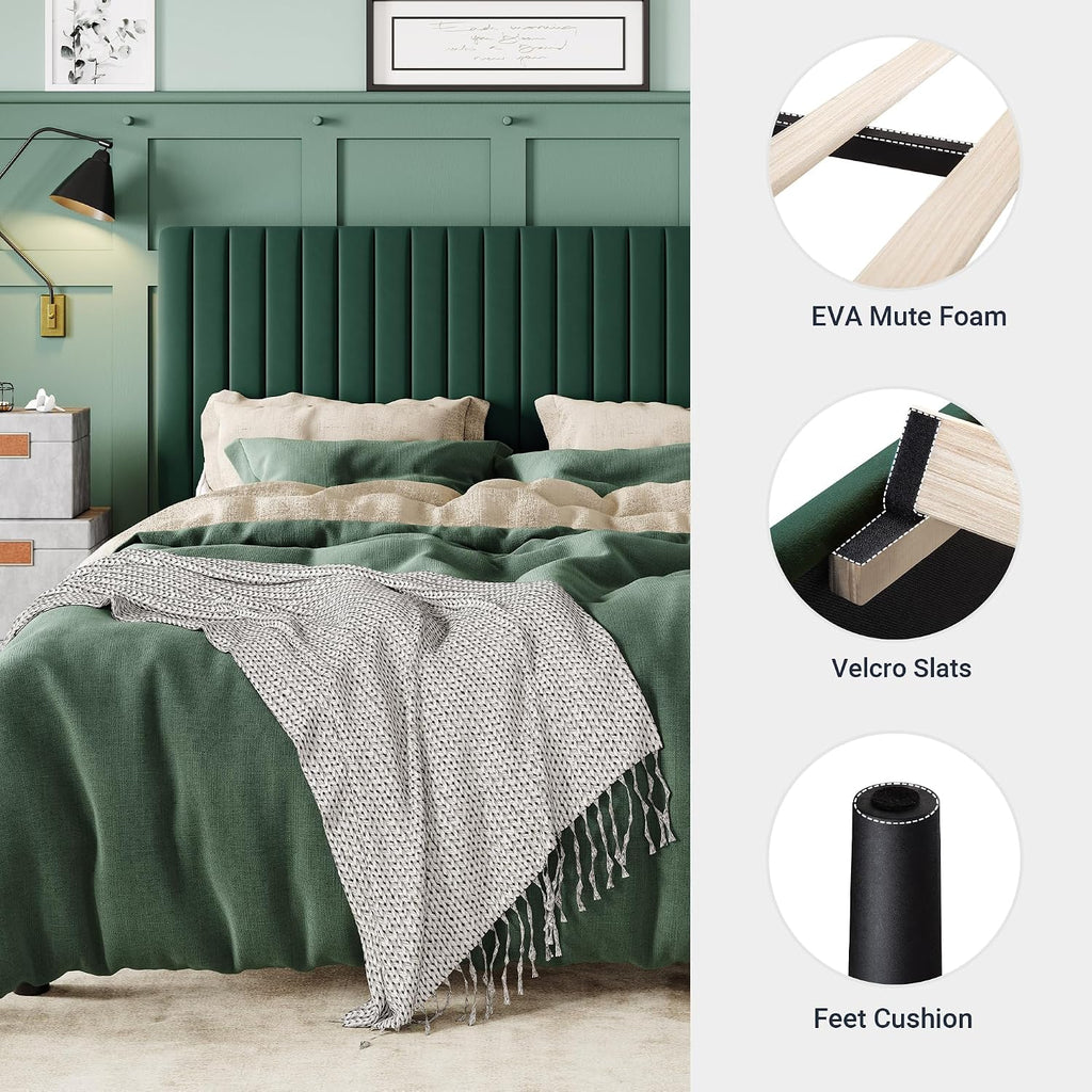Allewie Queen Bed Frame, Velvet Upholstered Platform Bed with Adjustable Vertical Channel Tufted Headboard, Mattress Foundation with Strong Wooden Slats, Box Spring Optional, Easy Assembly, Green