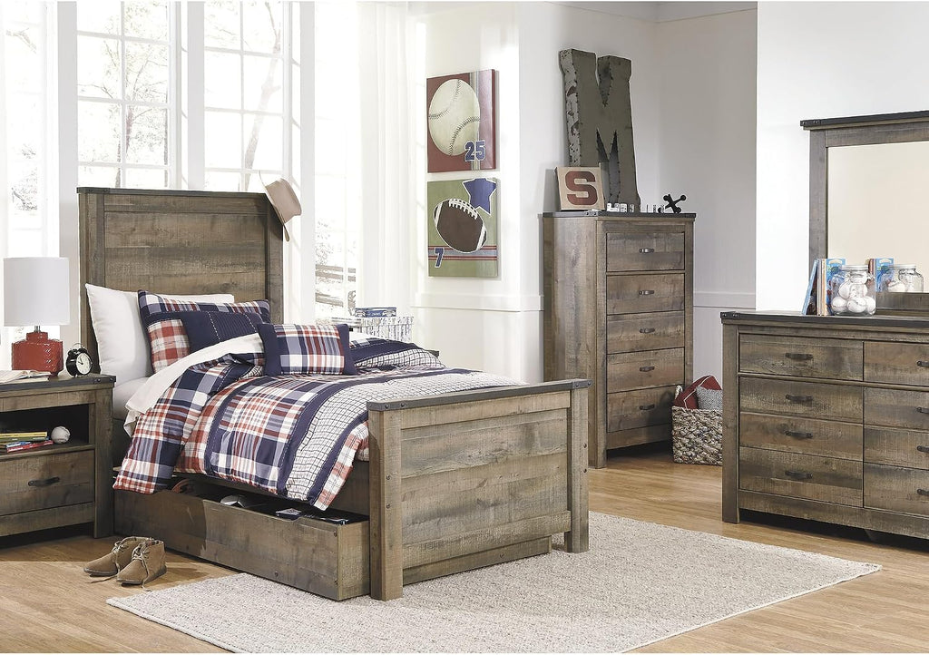 Signature Design by Ashley Trinell Casual Twin Panel Platform Bed with 1 Large Storage Drawer and Nailheads, Foundation or Box Spring Not Needed, Dark Brown