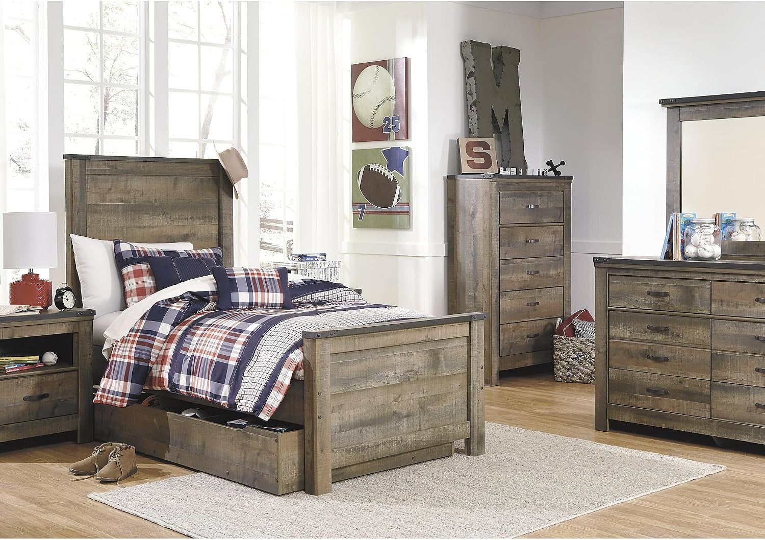 Signature Design by Ashley Trinell Casual Twin Panel Platform Bed with 1 Large Storage Drawer and Nailheads, Foundation or Box Spring Not Needed, Dark Brown