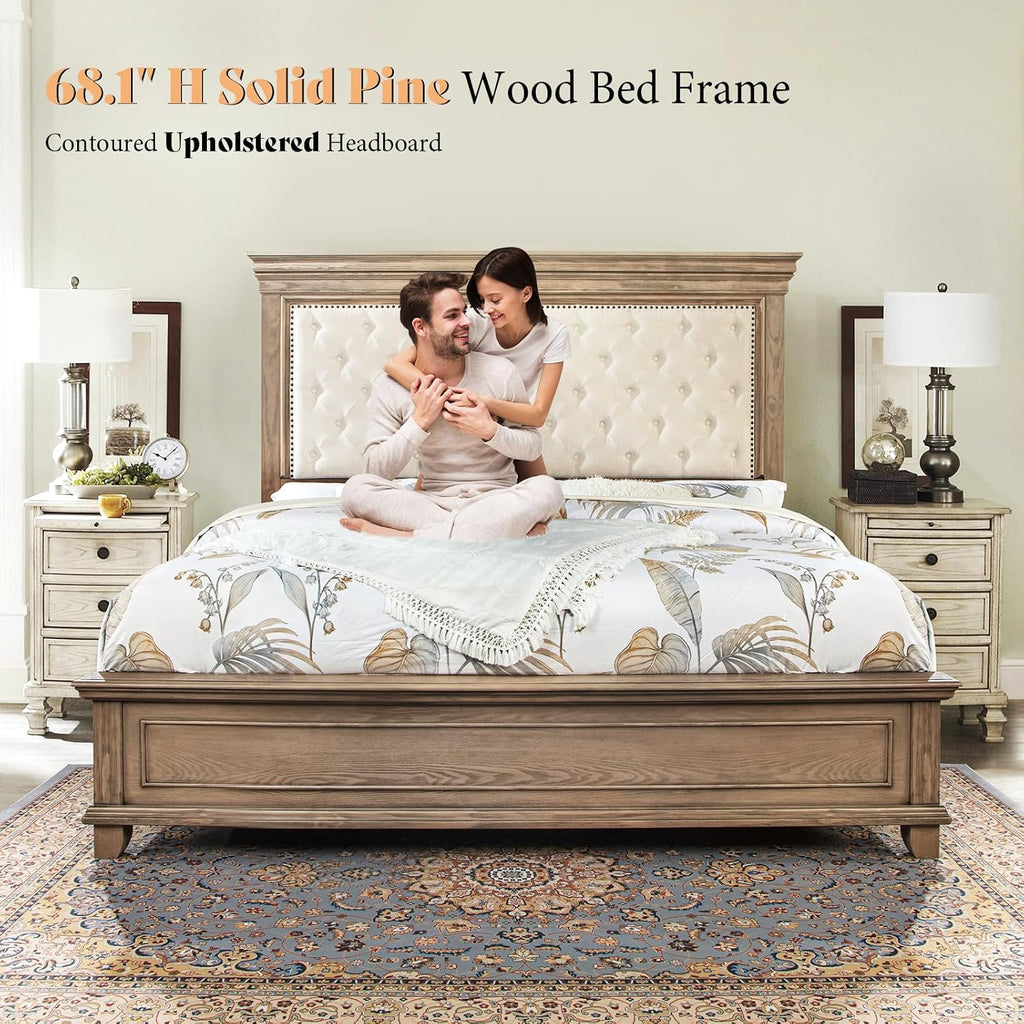 AMERLIFE 68 in Tall King Size Bed Frame with Upholstered Headboard, Solid Wood Farmhouse Platform Bed, Bohemian Tufted Wooden Panel Design, No Box Spring Needed, Light Oak