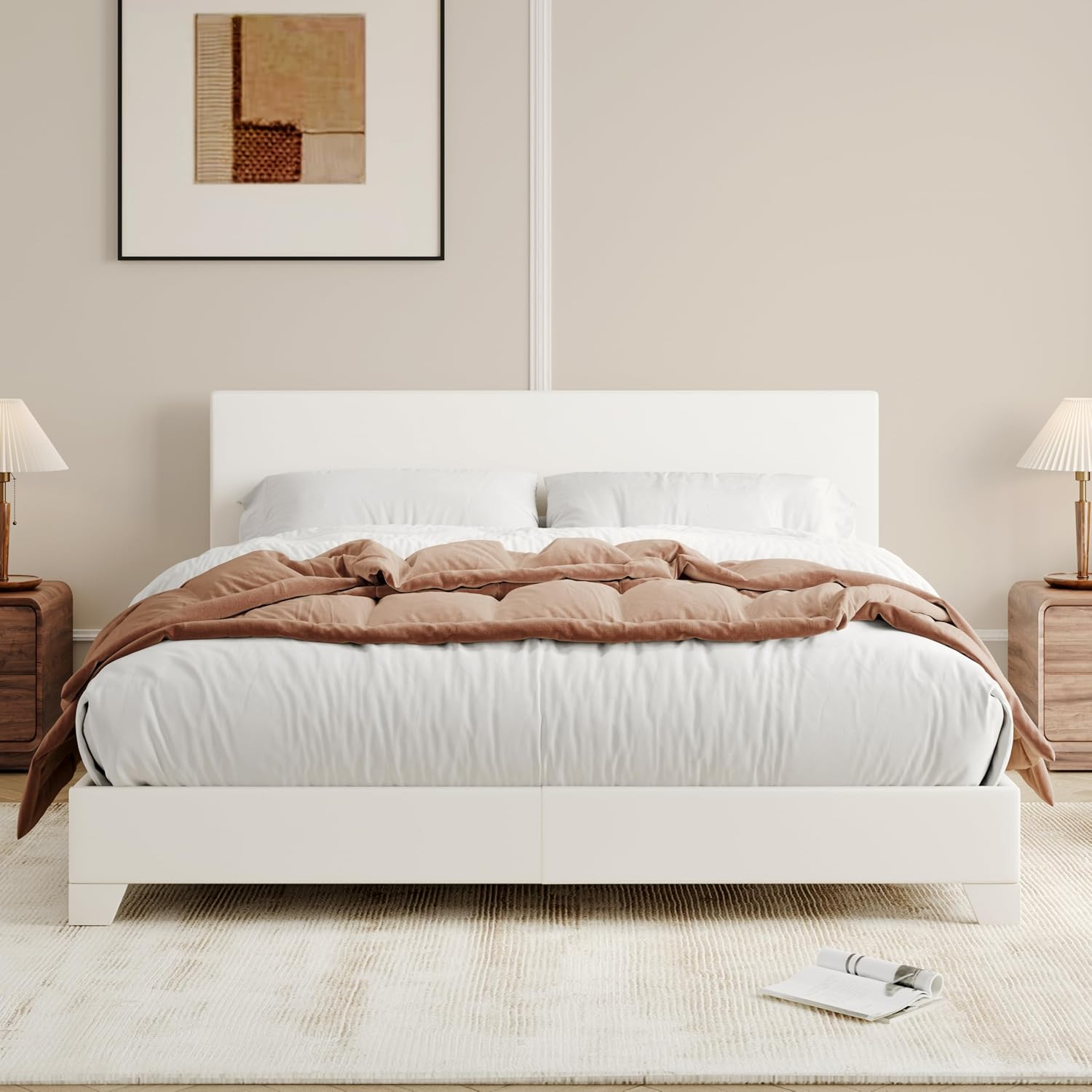 Allewie Full Size Bed Frame with Adjustable Headboard, Faux Leather Platform Bed with Wood Slats, Heavy Duty Mattress Foundation, No Box Spring Needed, Noise-Free, Easy Assembly, White