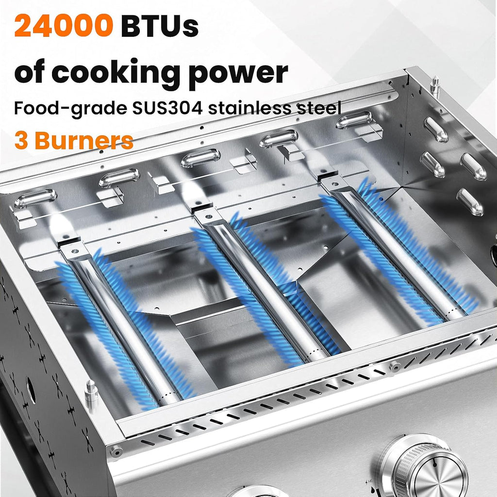 WAA 24000BTU Portable Propane Griddle, Tabletop Portable Propane Gas Grill with 3 Burners, Stainless Steel Flat Top Grill, Outdoor Cooking for Tailgating,Camping, RVs, BBQ, Patio, Silver