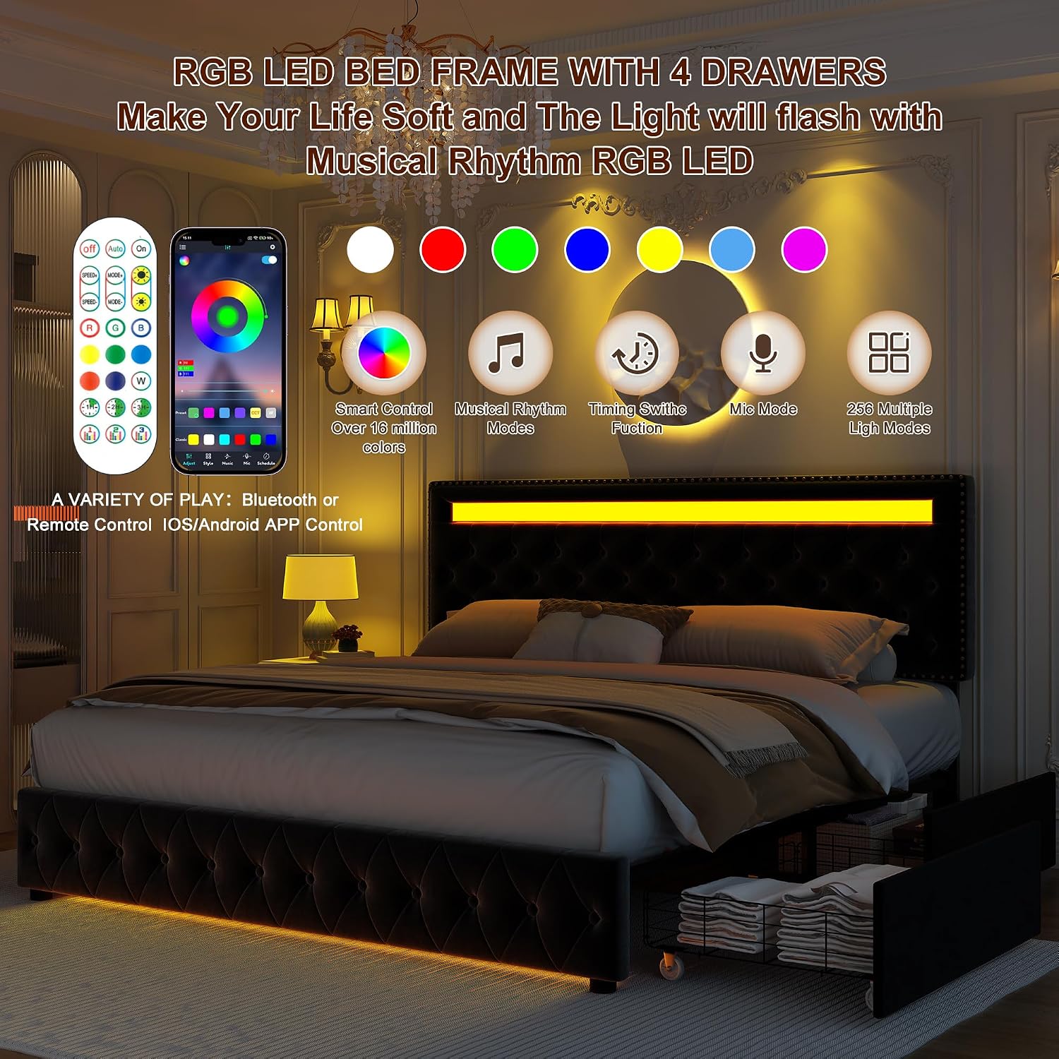 GEGOFORU Full Led Bed Frame with 4 Storage Drawers, with Smart Control RGBW LED Lights Headboard Footboard, Control DIY Color, Box Spring Optional, Black-Velvet