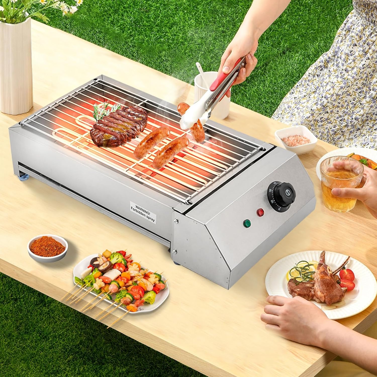Electric Barbecue Grill, 21' Tabletop Griddle 1800W Stainless Steel Portable BBQ Grill 110V Commercial Smokeless Oven Grill with Temperature Control for Party