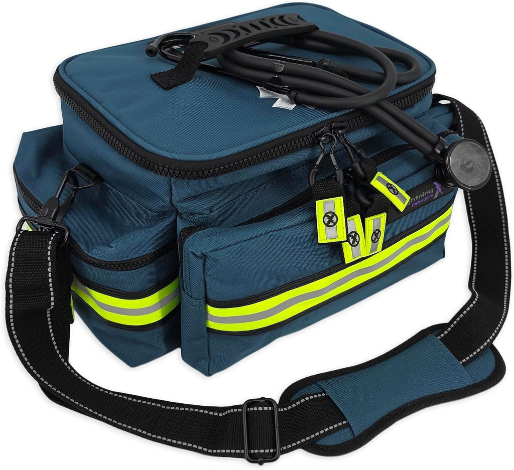 Lightning X Mid-Sized First Responder EMT Bag | LXMB25 | Fully Stocked w/ 248+ First Aid Supplies + Trauma Pak w/C.A.T. Tourniquet & QuikClot - Blue