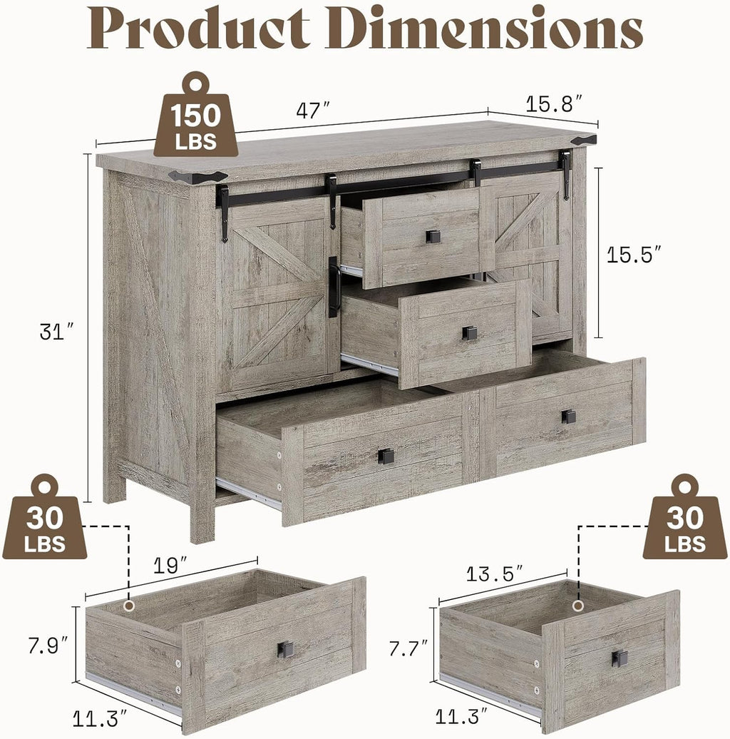 AMERLIFE 2PCS Farmhouse Dresser Set with Sliding Barn Doors, Bedroom Sets Include 47'' Dresser with 4 Drawers, 5-Drawer Tall Dresser, Light Rustic Oak
