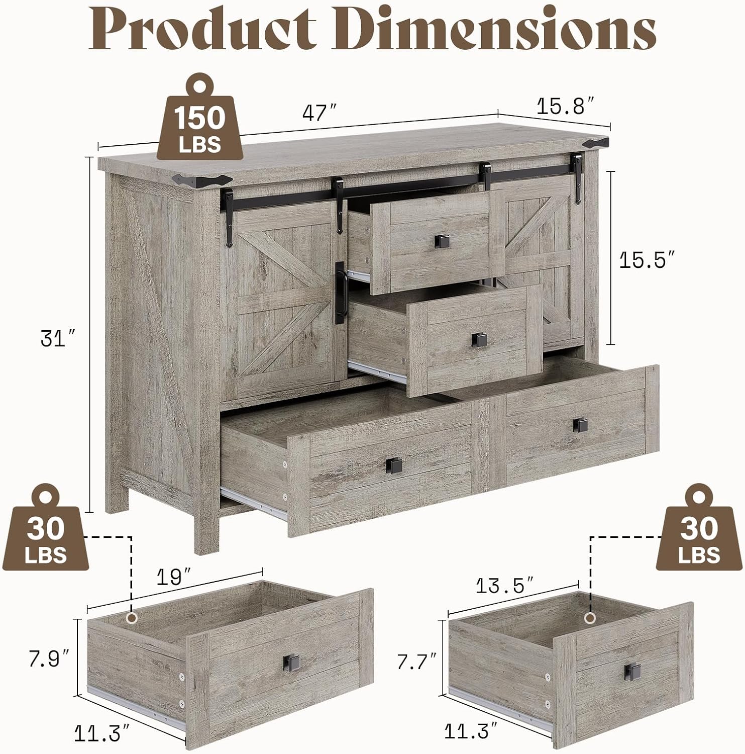 AMERLIFE 2PCS Farmhouse Dresser Set with Sliding Barn Doors, Bedroom Sets Include 47'' Dresser with 4 Drawers, 5-Drawer Tall Dresser, Light Rustic Oak