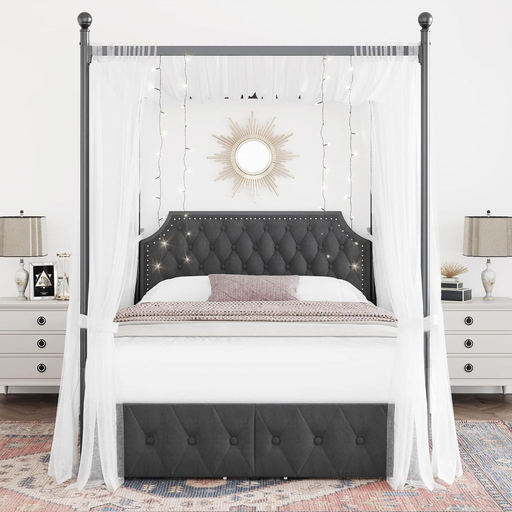 Keyluv Queen Upholstered Canopy Bed Frame with 2 Storage Drawers & Button Tufted Headboard, Metal Platform Bed with 4 Removable Posts, Two-Purpose Velvet Bed, Dark Grey/Curtain Not Included