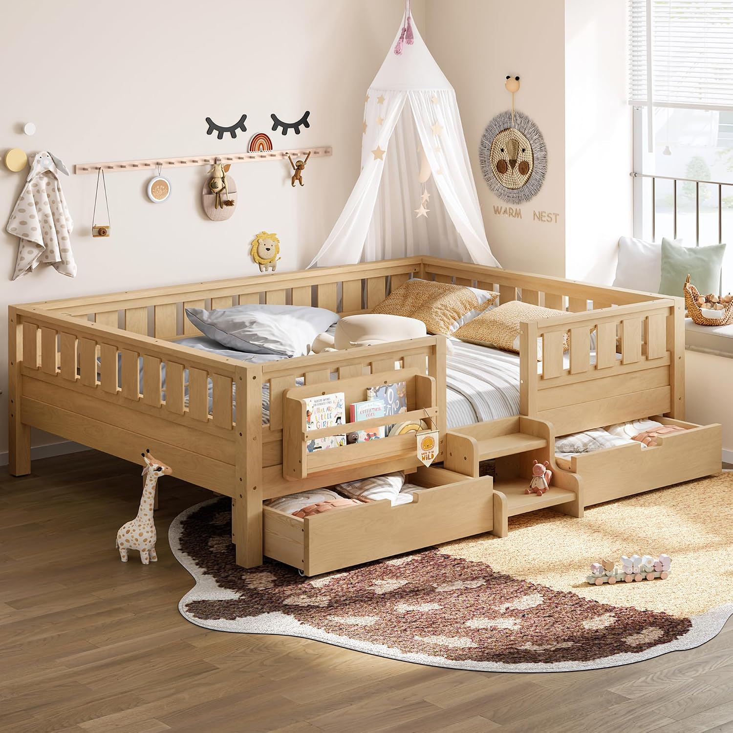 Bellemave Queen Size Bed with Slats and Stairs, Queen Size Platform Bed Frame with Fence, Bookshelf and Storage Drawers, Easy Assemble Beds for Girls, Boys, Light Natural