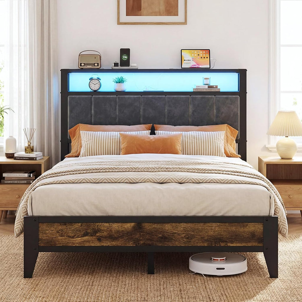 OLEVS Full Bed Frame Metal Platform Bed Queen Size with 2-Tier Storage & LED Light Headboard & Footboard, Charging Station Type C, No Box Spring Needed