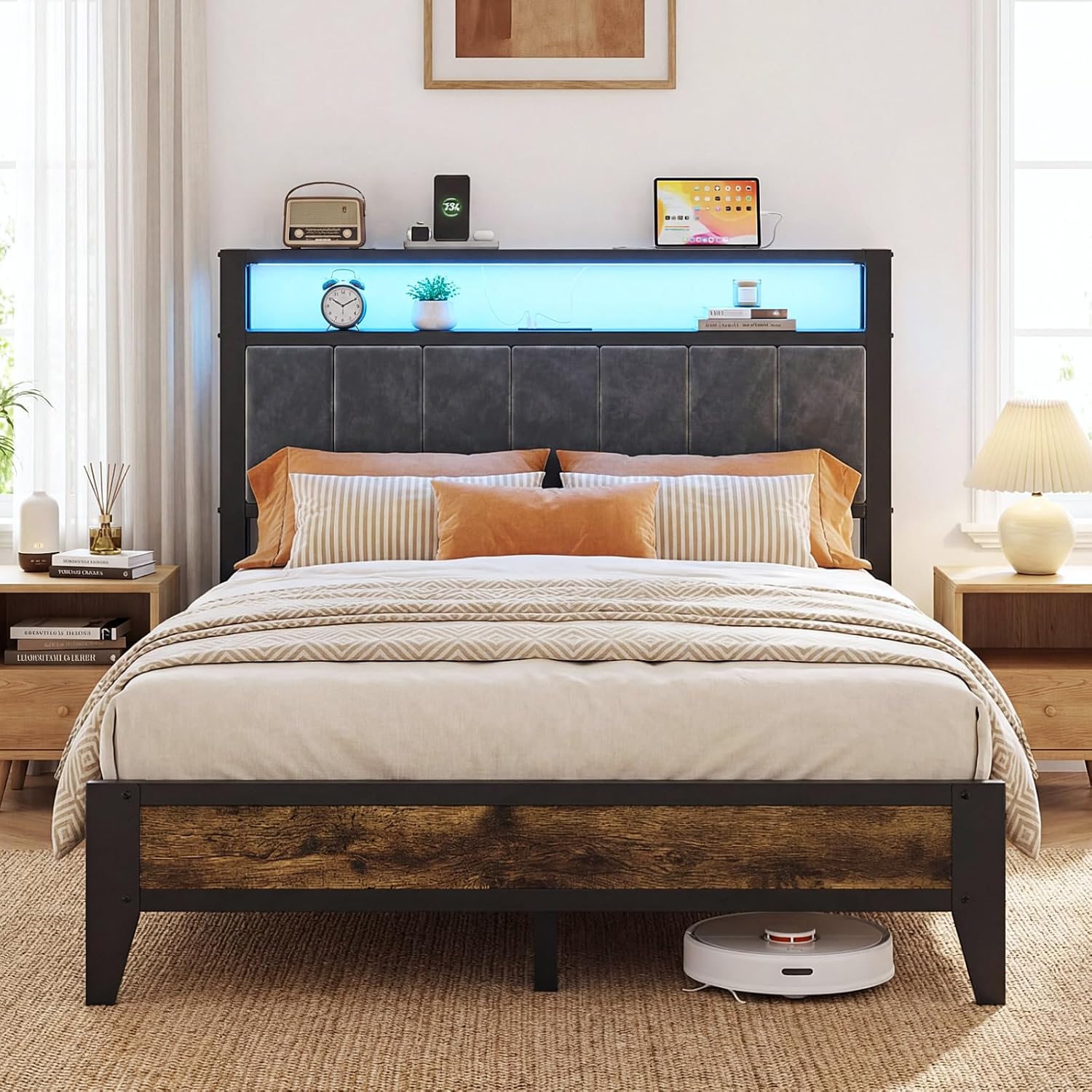 OLEVS Full Bed Frame Metal Platform Bed Queen Size with 2-Tier Storage & LED Light Headboard & Footboard, Charging Station Type C, No Box Spring Needed