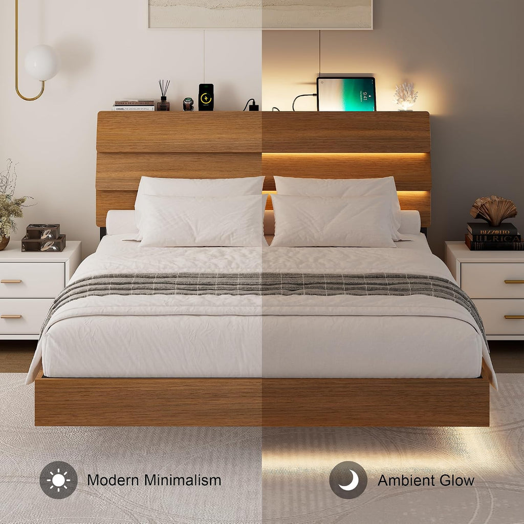 Feonase Floating Bed Frame Full with Led Lights and Charging Station, Wood Full Size Bed Frame with Storage Headboard, Heavy Duty Metal Slats, No Box Spring Needed, Easy Assembly,Walnut