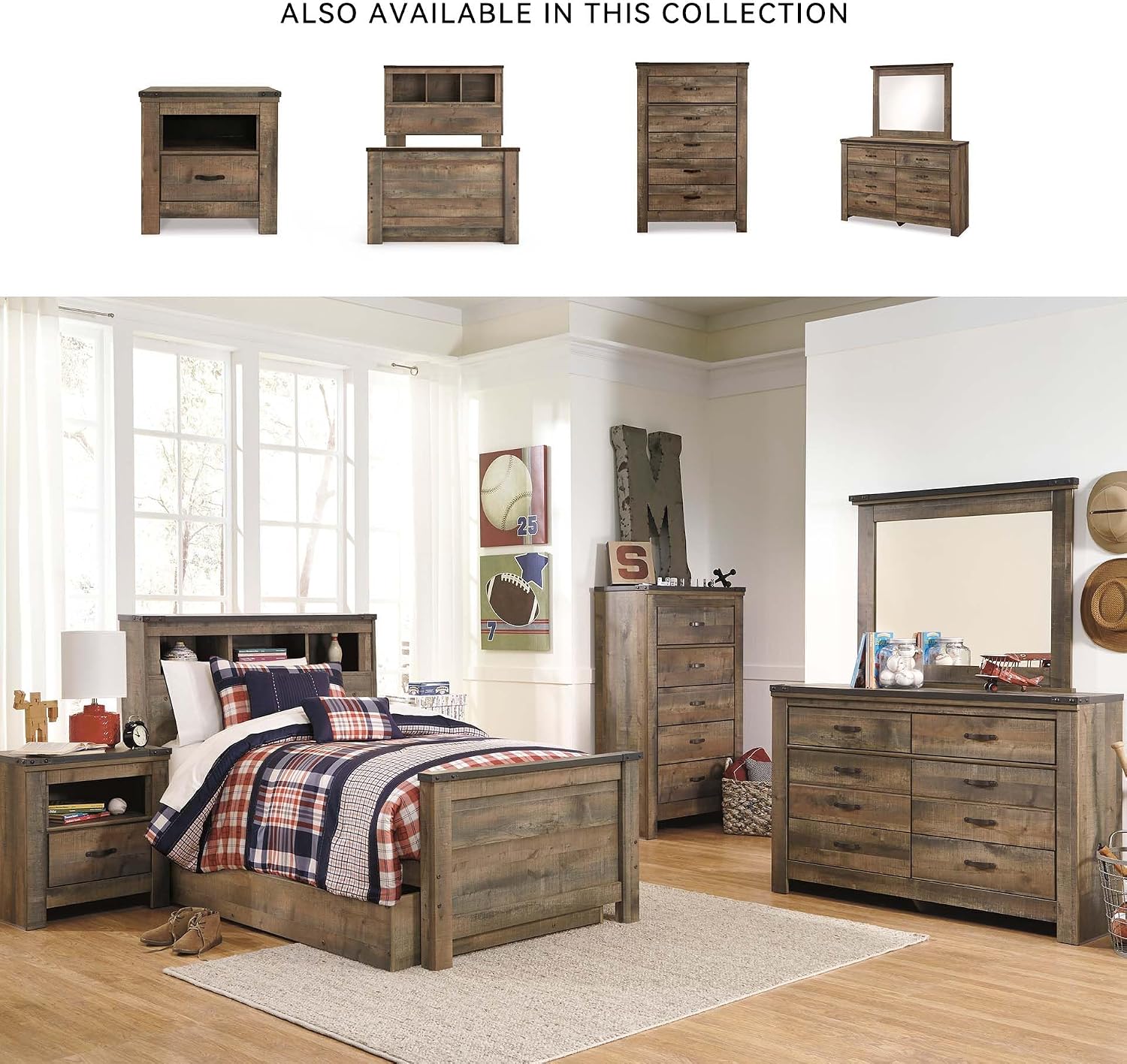 Signature Design by Ashley Trinell Casual Twin Bookcase Platform Bed with 1 Large Storage Drawer and Nailheads, Foundation or Box Spring Not Needed, Dark Brown