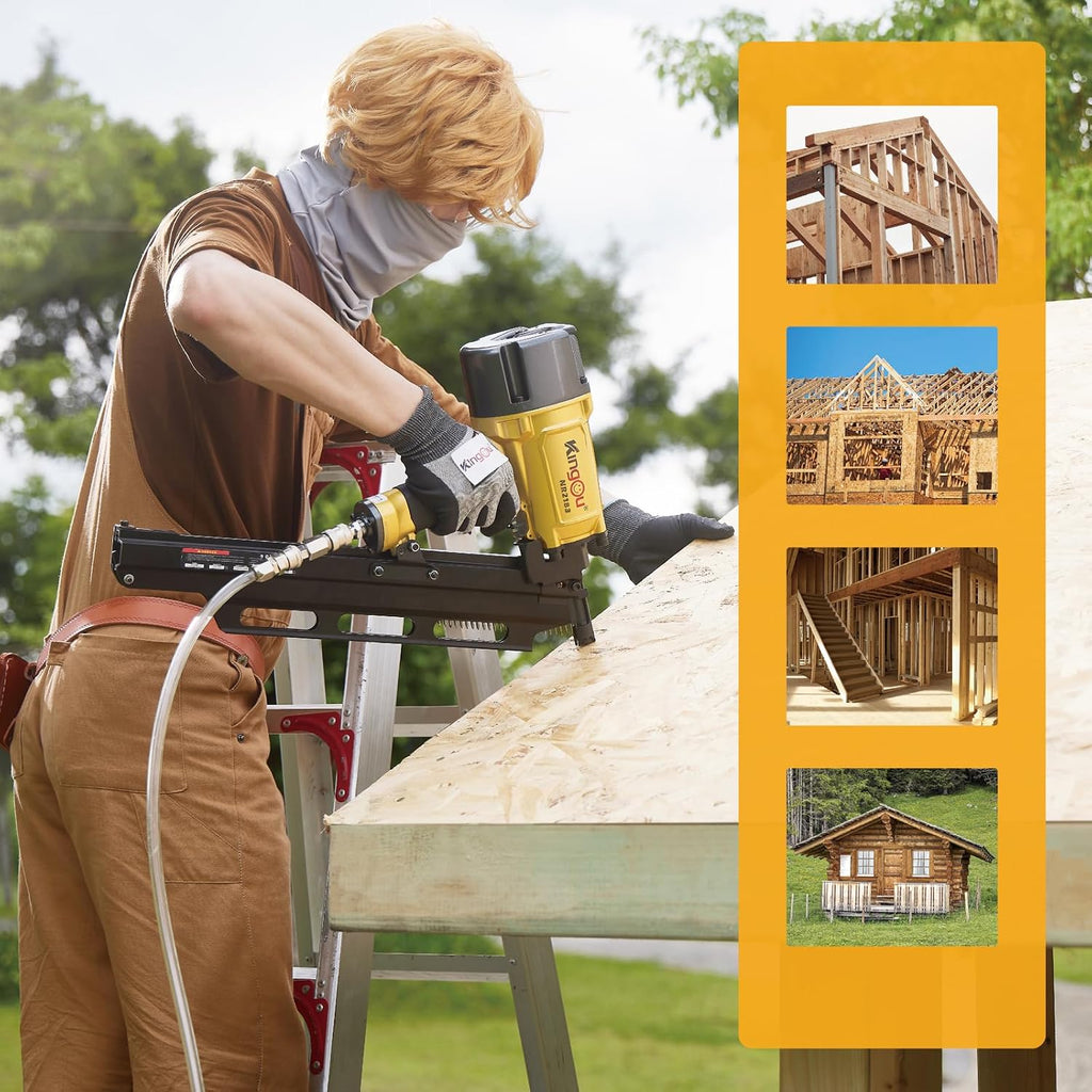 KingOu NR2183 21 Degree Aluminum Magazine, Pneumatic Framing nail gun, 2-Inch up to 3-1/4-Inch Plastic Collated Full Head Framing Nails, Framing, Wooden House Building, Fencing
