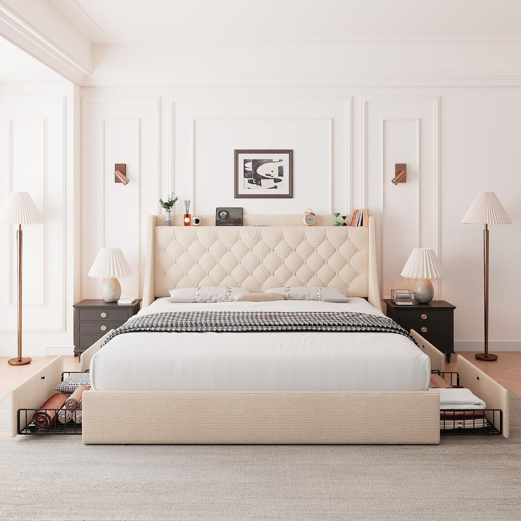 Feonase King Size Bed Frame with 4 Storage Drawers, Upholstered Storage Bed with Charging Station, Tufted Wingback Headboard, No Box Spring Needed, Beige