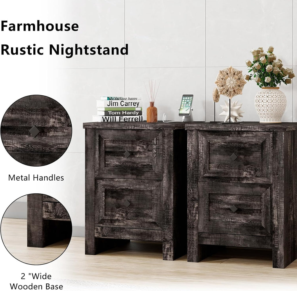 LUXOAK Farmhouse Bedroom Furniture 4 Pieces, 1 X Wood Rustic 6 Drawer Storage Dresser, 1 X 5 Drawer Dresser, Nightstand Set of 2 with Charging Station, Farmhouse Bedroom Set, Black