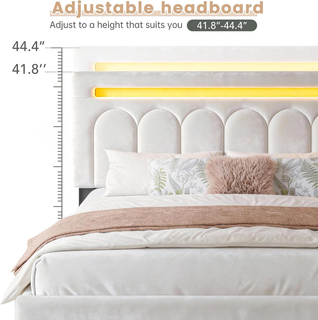 Homkdom Queen Upholstered Bed Frame with 4 Drawers and Velvet Headboard, Platform Bed Frame Queen Size with LED Lights, Wooden Slats Support,Easy Assembly, Beige