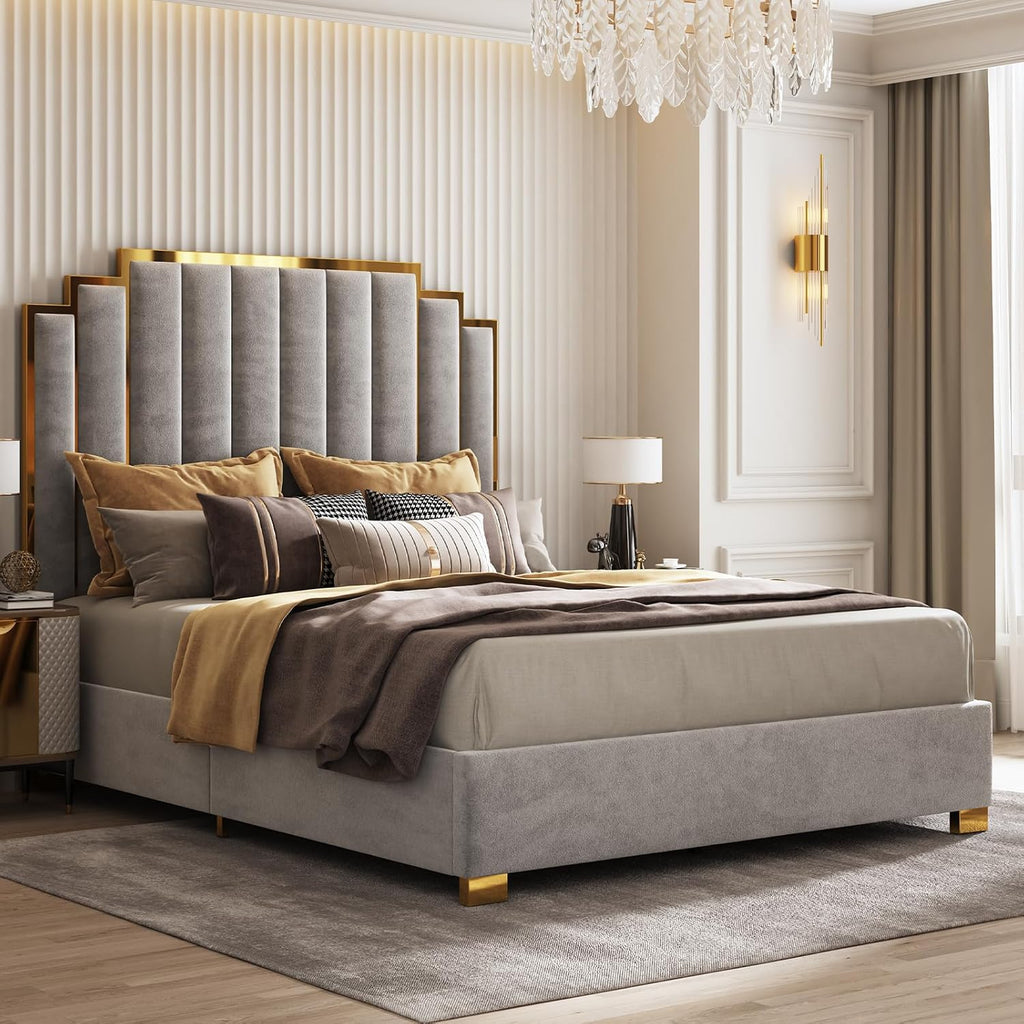 AMERLIFE King Size Upholstered Bed, Modern Velvet Bed Frame with 65.4' Tall Gold Trim Headboard, No Box Spring Needed, Grey