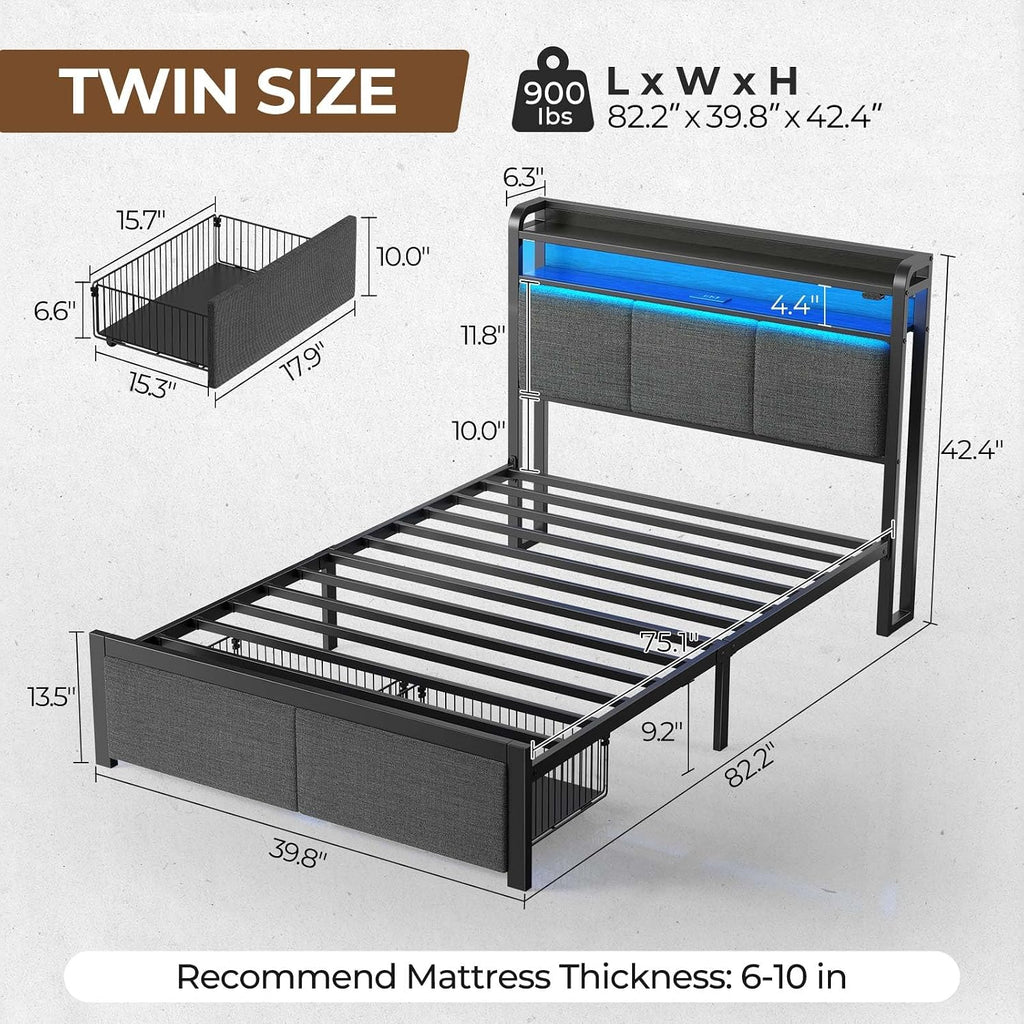 Rolanstar Bed Frame Twin Size with Charging Station and LED Lights, Upholstered Headboard with Storage Shelves, Heavy Duty Metal Slats, No Box Spring Need, Noise Free, Easy Assembly, Dark Grey