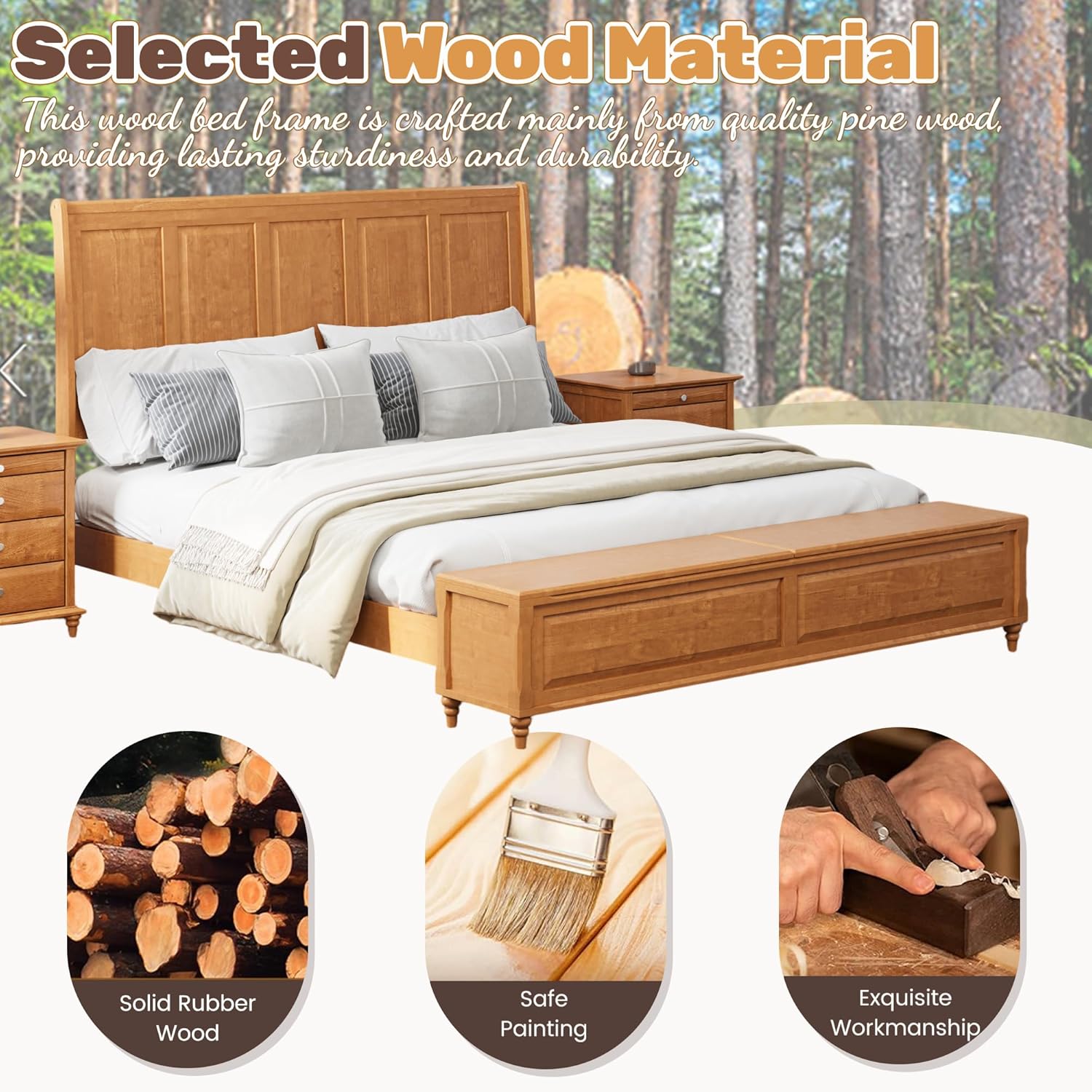 King Bed Frame with 53' Tall Headboard and Storage Bench, Solid Wood King Size Platform Bed with 64' Footboard Storage Chest,Heavy Duty Slats System,No Box Spring Needed, Natural