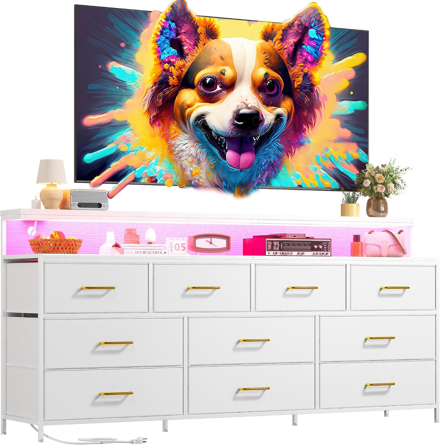 EnHomee 55' W White Dresser for Bedroom with 10 Fabric Drawers Long Dressers & Chests of Drawers with LED Lights & Power Outlets Large Dresser for Bedroom for Hallway, Metal Frame, White