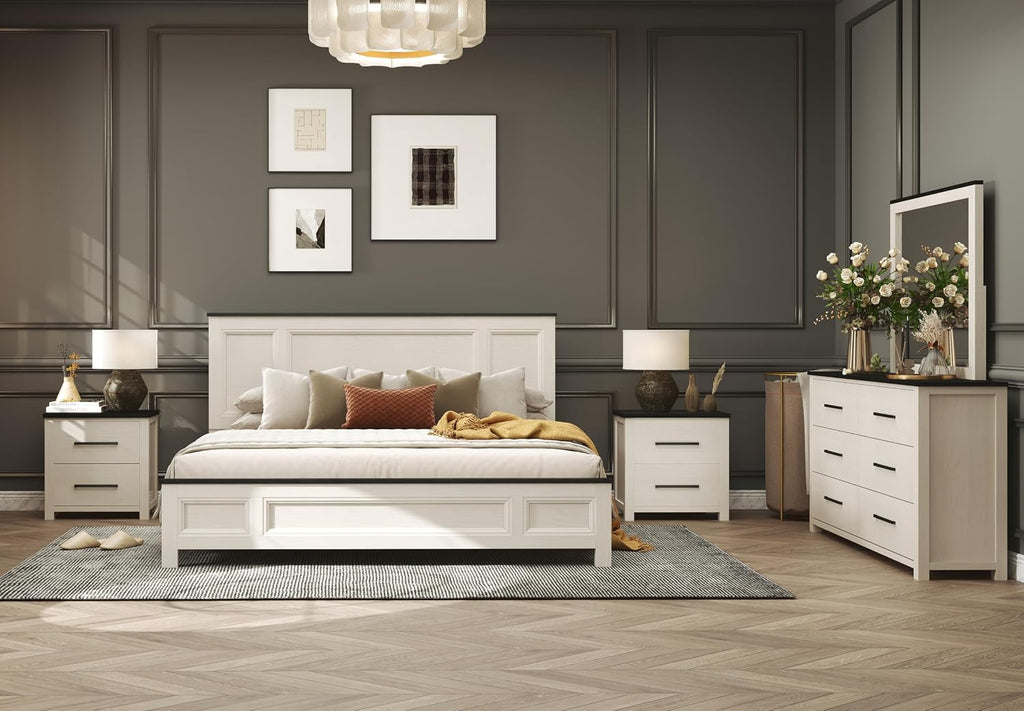 Roundhill Furniture Realynn 5-Piece Wood Bedroom Set, King Size Panel Bed with Dresser, Mirror, and 2 Nightstands, Off-White Finish
