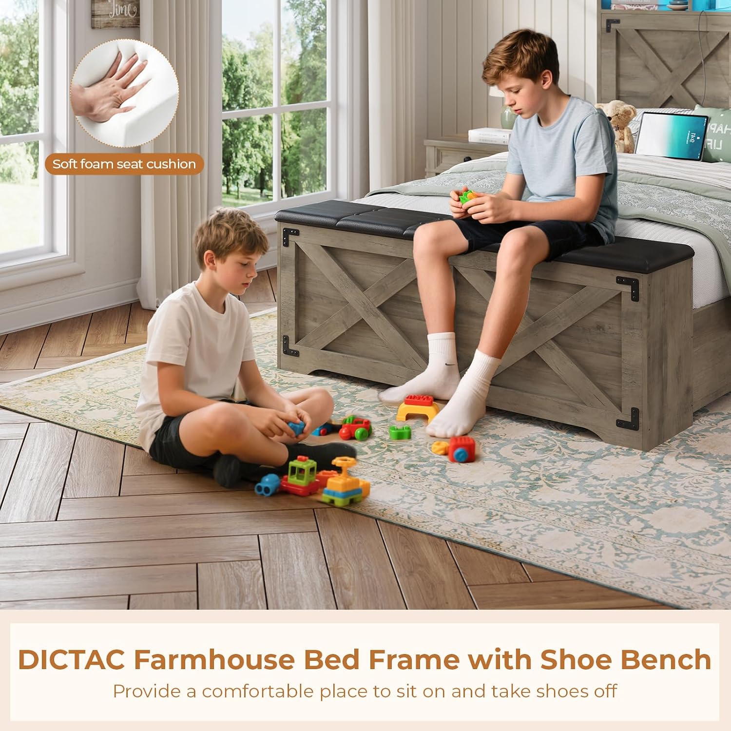 DICTAC Farmhouse Twin Bed Frame with Storage Headboard and Charging Station Wood Platform Bed Frame Twin Size with Storage Ottoman and Led Lights,Twin Size Bed for Kids,Metal Slats Support,Oak Gray