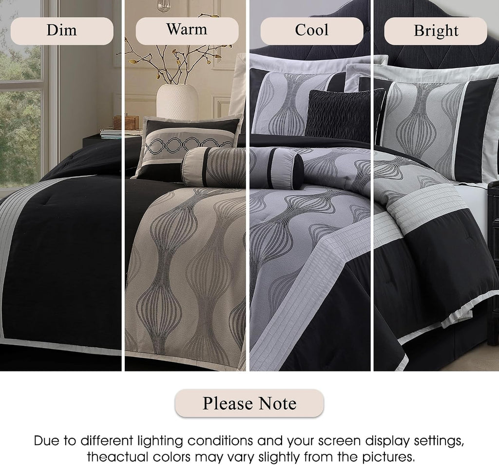Stratford Park Black and Silver Comforter Set California King Size, 7 Pieces Striped All Season Bedding Set