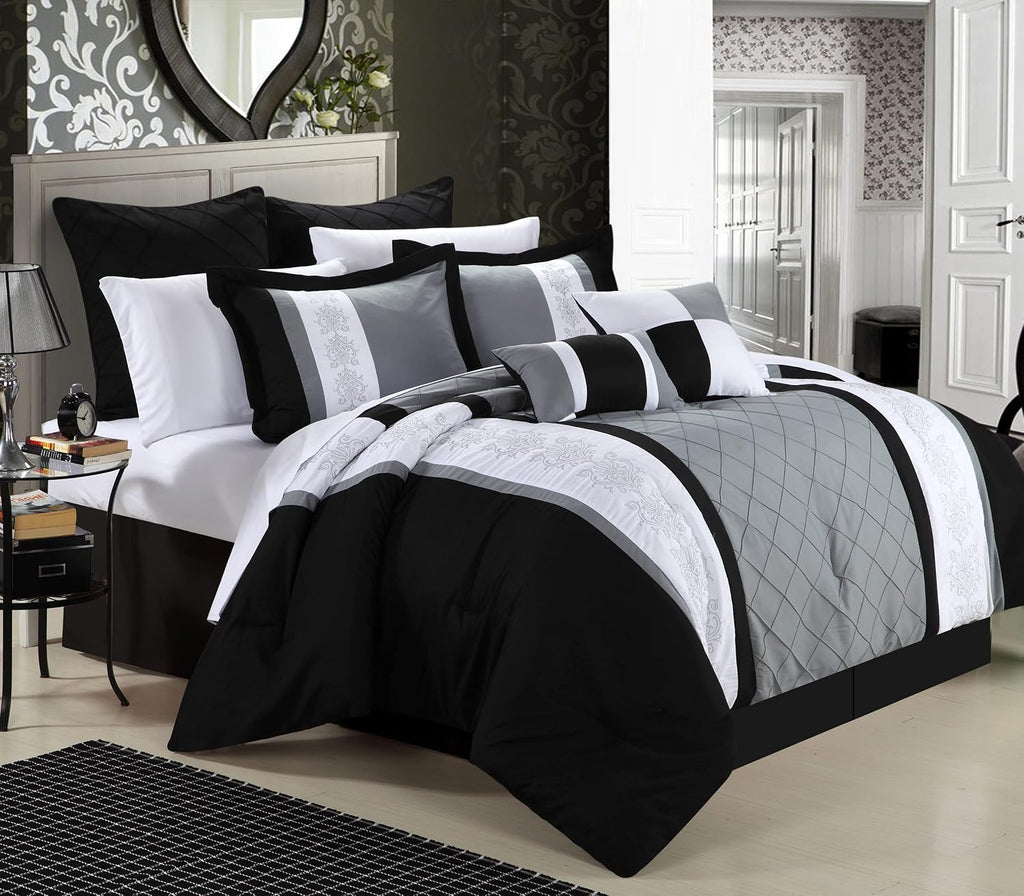 Chic Home 8-Piece Embroidery Comforter Set, Queen, Livingston Black