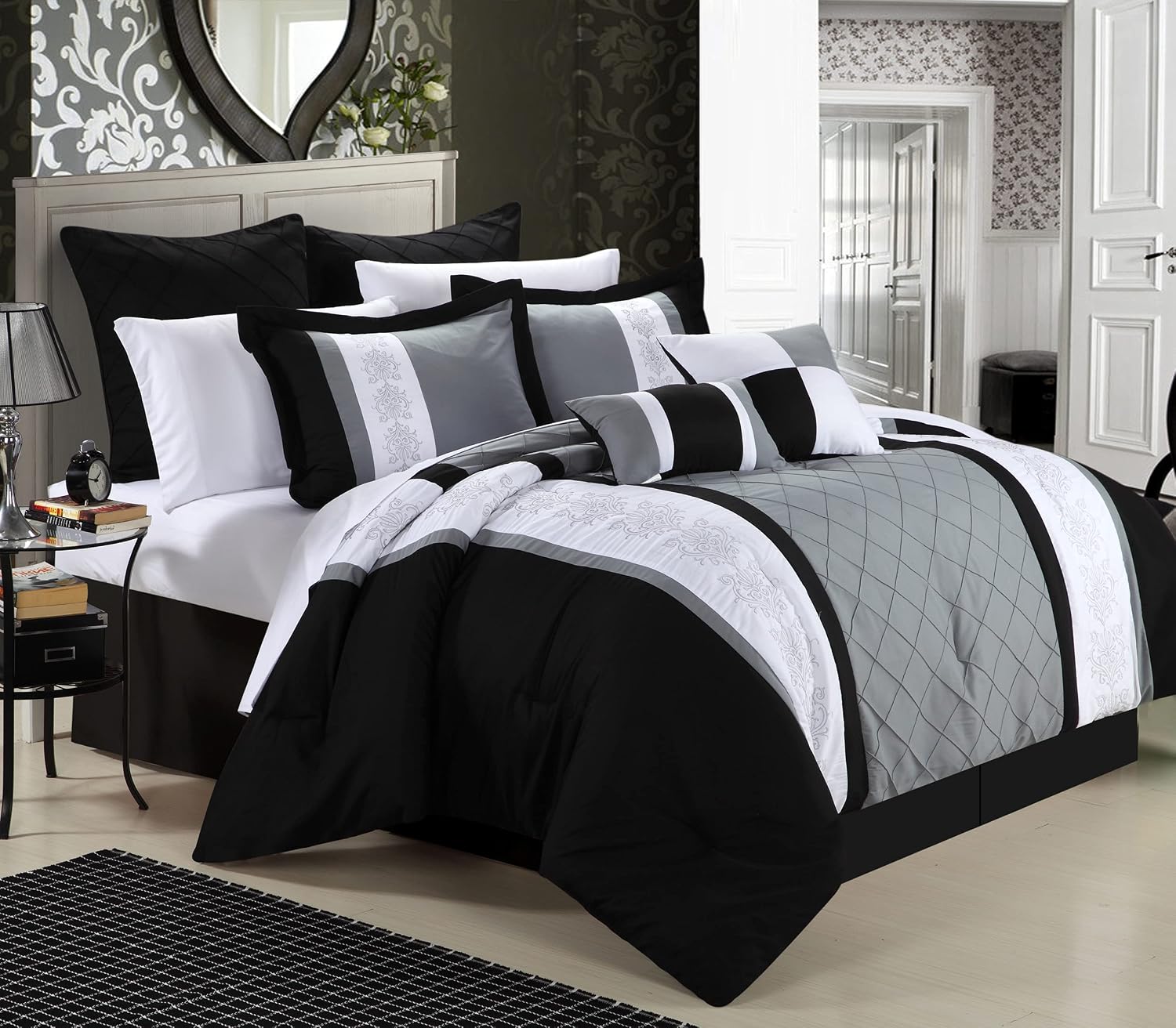 Chic Home 8-Piece Embroidery Comforter Set, Queen, Livingston Black