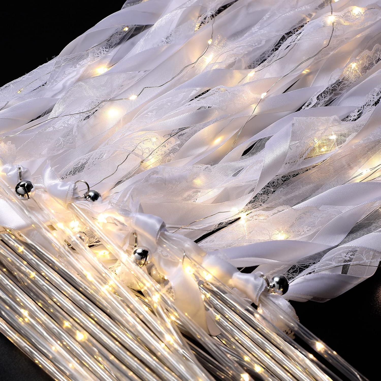 Unittype 200 Pieces Light up Wands for Wedding Silk Streamer with Bell LED Fairy Ribbon Fairy Wand Glow in the Dark Flashing Lace Sticks Wedding Birthday Party Decoration (Ivory & Warm White LED)