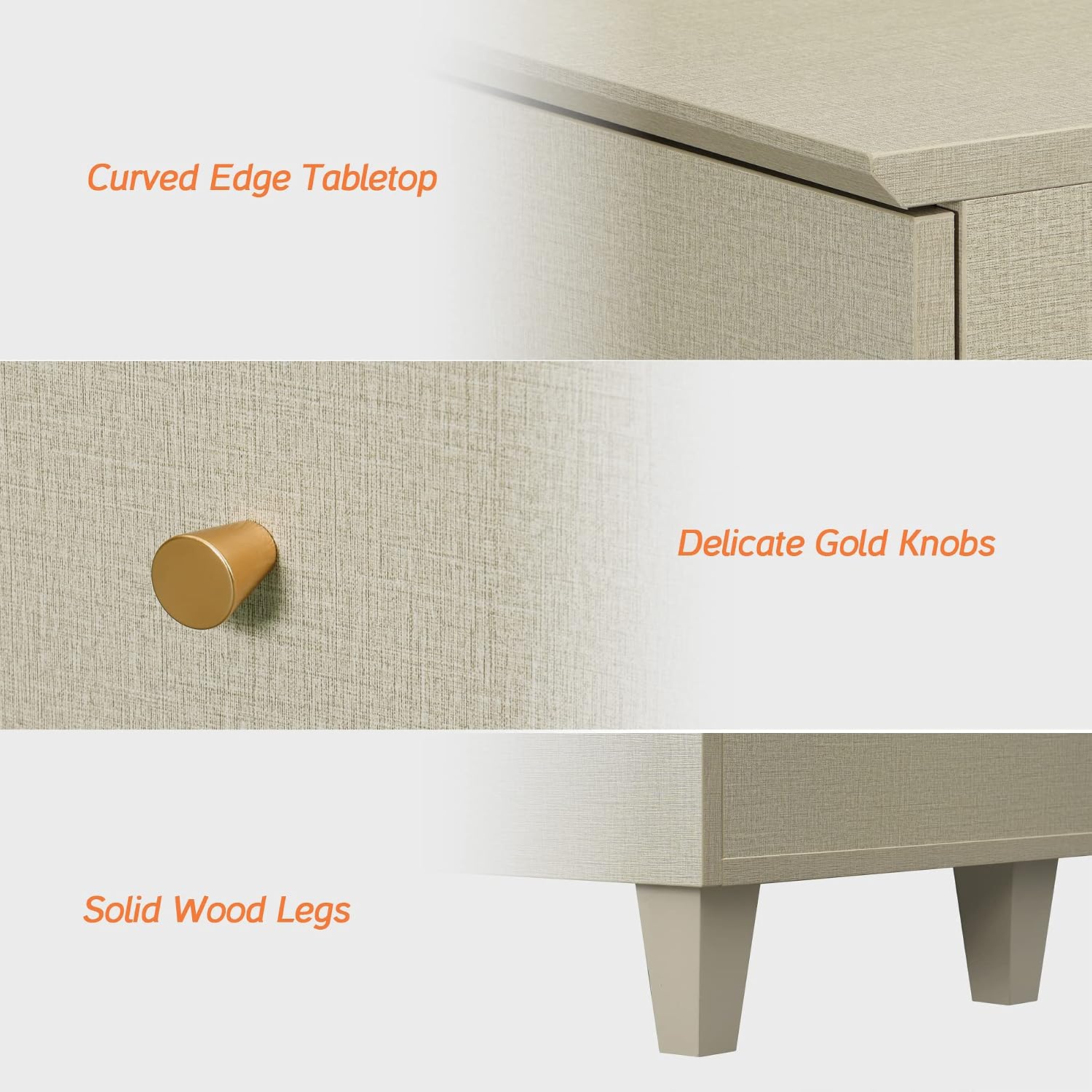 WAMPAT Dresser and Nightstands 3 Pieces, Wooden Dresser with 6 Drawers, Set of 2 Night Stands with Charging Stations, Bedroom Chest of Drawers and Wood Bedside Tables Set, Beige Linen Textured